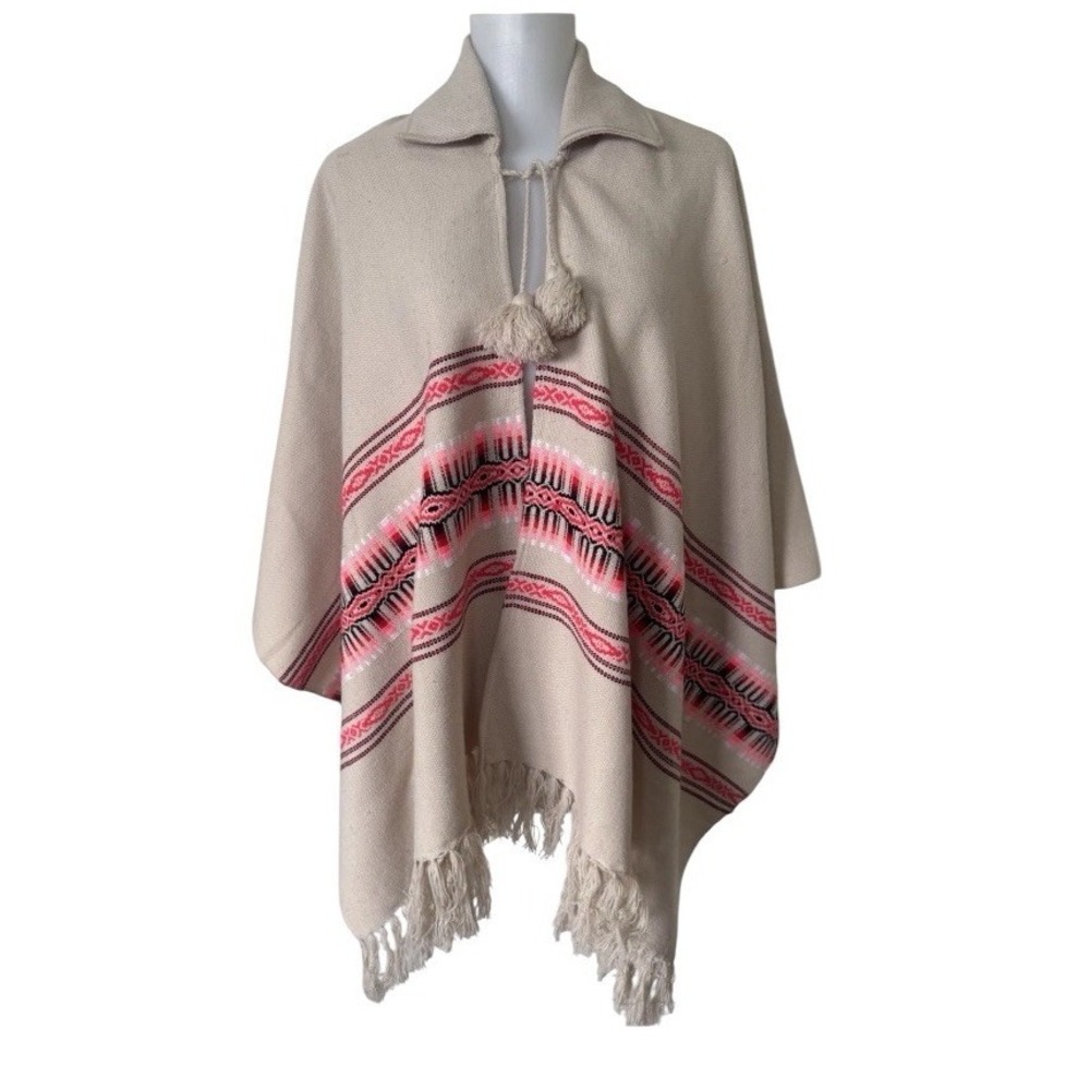 VTG Dita Aztec Poncho Cape Sweater Tassel Tie Collared Womens One Size Beige